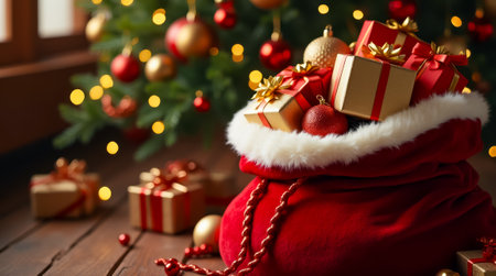 The velvet sack overflows with exquisitely wrapped presents, nestled beside a sparkling Christmas tree adorned with ornaments and lights, creating a joyful holiday atmosphere.の素材