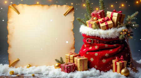 On the left side, a large parchment awaits a message, surrounded by a snowy setting. A cheerful red sack overflows with beautifully wrapped gifts, evoking holiday joy.の素材