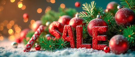 A vibrant display of red ornaments and pine branches highlights a festive sale, creating a lively atmosphere filled with holiday cheer and warmth.の素材