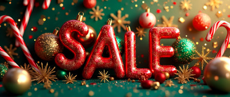 A colorful arrangement showcases glittering letters spelling out sale surrounded by shiny ornaments and candy canes, celebrating the holiday festive spirit and shopping excitement.の素材