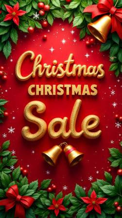 A festive banner showcases a vibrant Christmas sale with glittering red and green hues, adorned with bells and seasonal decorations, perfect for holiday shopping.の素材