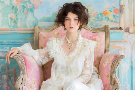 The young woman, dressed in a delicate vintage gown, sits elegantly on a pink chair surrounded by soft pastel colors and floral decorations, exuding a serene atmosphere.の素材