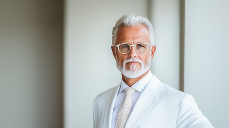 An elderly man with a well-groomed beard wears a sleek white suit and elegant glasses, exuding confidence as he stands in a modern, well-lit office setting.の素材