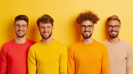 Four young men are posing closely in front of a vivid yellow background. They wear colorful sweaters and glasses, exuding a warm and friendly atmosphere filled with joy.の素材