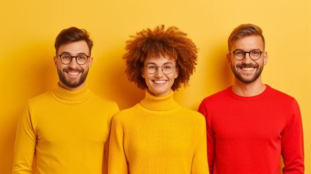 Three friends stand closely together, smiling happily. They wear vibrant yellow and red sweaters, creating a bright and cheerful ambiance against the yellow backdrop.の素材