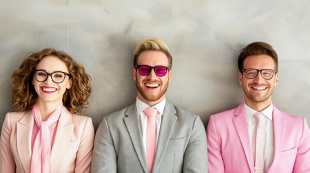 Three fashionable people stand side by side, radiating joy while dressed in elegant outfits. The vibrant colors and warm expressions brighten the gray background.の素材