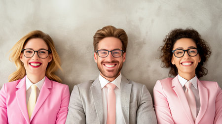 A group of three professionals, dressed in elegant suits, smiles at the camera. The joyful atmosphere highlights their camaraderie in a contemporary office environment.の素材