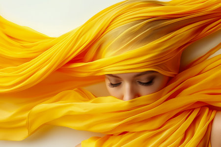 A young woman with closed eyes is enveloped in vibrant yellow fabric, showing elegance and artistry. The fabric flows around her, creating a captivating visual experience.の素材