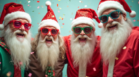 A lively group of four bearded men in Santa costumes expresses joyful laughter, adorned with colorful sunglasses and surrounded by vibrant confetti at a Christmas gathering.の素材