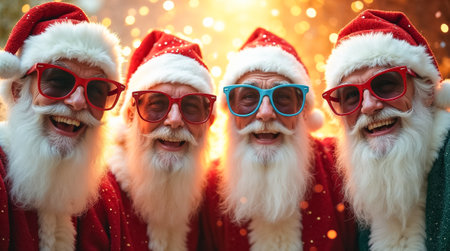 A joyful gathering of four Santa Clauses dressed in traditional red suits and festive glasses, celebrating Christmas amidst vibrant sparkles and warm lights, filled with laughter.の素材