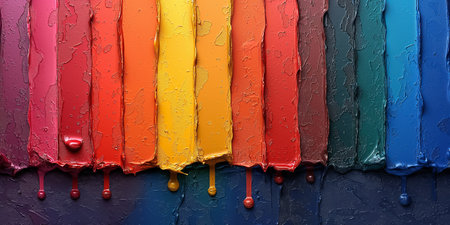 A striking arrangement of paint in rich colors drips down in strips, forming an alluring backdrop that enhances any creative space with its lively hues.の素材
