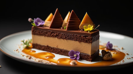 An exquisite dessert features layers of chocolate and mousse, garnished with caramel, vibrant flowers, and geometric chocolate decorations, beautifully presented on a plate.の素材
