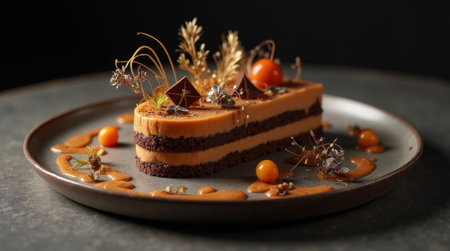 A beautifully crafted dessert showcases layers of chocolate and caramel, garnished with edible flowers and decorative elements, perfect for a fine dining experience.の素材