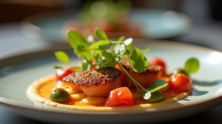 Tender scallops are beautifully arranged on a plate, adorned with fresh greens and colorful cherry tomatoes, creating an appetizing culinary display.の素材