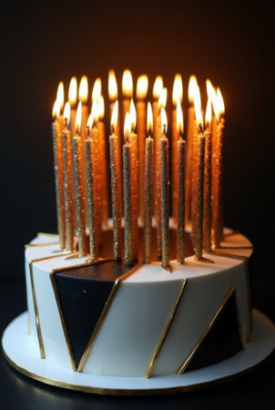This cake displays a modern design with gold accents and is topped with numerous lit candles, illuminating the space and creating a joyful ambiance for the celebration.の素材