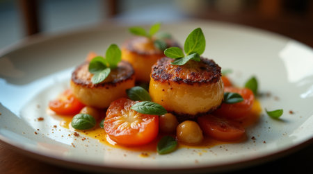 Succulent grilled scallops sit atop a bed of roasted tomatoes and garnished with fresh herbs, creating a delightful dish in a warm dining atmosphere.の素材