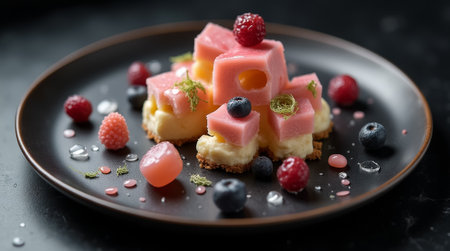 A vibrant dessert showcases geometrically cut cake cubes topped with raspberry and blueberry, arranged elegantly on a stylish black plate, creating a delightful presentation.の素材