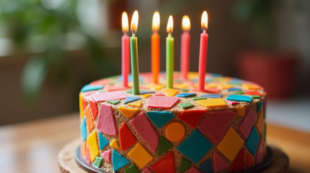 A vibrant birthday cake decorated with colorful shapes sits on a wooden table, topped with five brightly lit candles, celebrating a special occasion.の素材