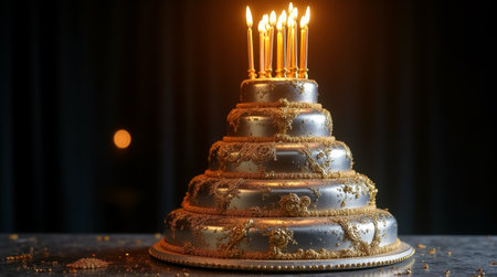 A multi-tiered cake adorned with intricate designs and golden candles flickering above, set against a dark background for a joyful celebration.の素材