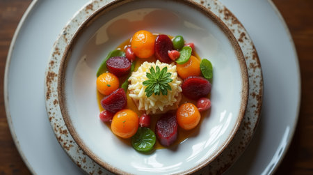 A beautifully arranged plate showcases a mix of vibrant fruits and vegetables, including melon and beet, garnished to enhance the visual appeal of the dish in a rustic dining atmosphere.の素材