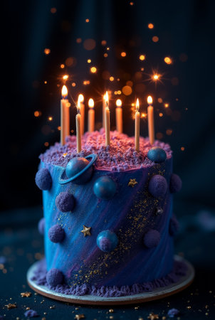 This beautiful space-themed cake features purple frosting, colorful decorations, and lit candles, creating a magical atmosphere for a birthday celebration.の素材