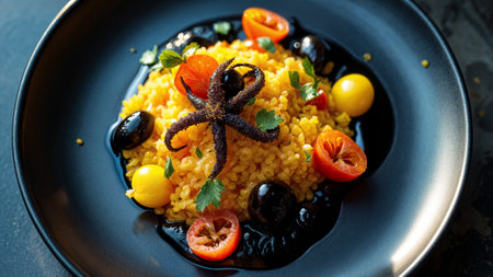 This dish features a colorful arrangement of saffron rice topped with grilled octopus, complemented by cherry tomatoes, black olives, and fresh herbs, creating an appetizing presentation.の素材