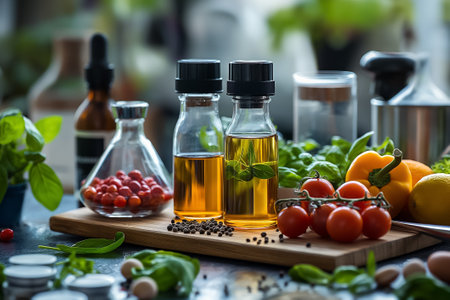 Various types of oils are displayed alongside fresh herbs, ripe tomatoes, and vibrant citrus fruits on a kitchen counter, creating a lively cooking atmosphere filled with natural ingredients.の素材