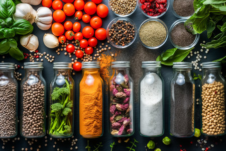 This colorful features display various spices in glass jars alongside fresh vegetables and herbs, creating an inviting atmosphere for cooking and meal preparation.の素材