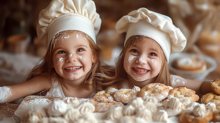 Two young girls with smiles are baking pastries together in a warm kitchen, wearing chef hats and covered in flour while enjoying the fun of cooking.の素材