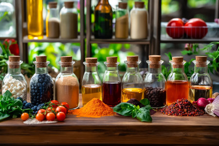 Various spices and condiments are artistically arranged in glass bottles on a wooden table, accompanied by fresh vegetables and herbs in a lively kitchen environment.の素材