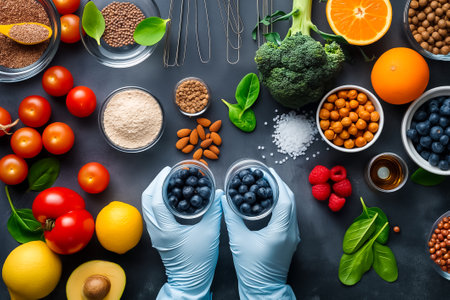 Two gloved hands hold cups of blueberries surrounded by an array of fresh fruits, vegetables, and nuts on a kitchen counter, showing vibrant colors and healthy ingredients.の素材