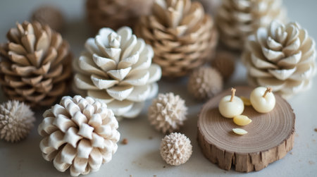 A variety of pine cones and organic shapes rest on a wooden surface, highlighting their intricate details and earthy tones, illuminated by gentle lighting.の素材