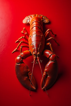 A striking lobster displays its vivid red color against a bold backdrop, highlighting its robust claws and unique texture, capturing the essence of ocean bounty.の素材