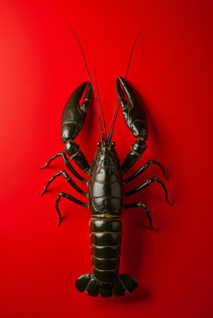 The lobster rests prominently against a vivid red backdrop, highlighting its glossy shell and powerful claws, emphasizing the elegance of marine life.の素材