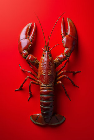 A lifelike lobster, with its vivid red shell and impressive claws, takes center stage against a bold red backdrop, emphasizing its texture and form with artistry.の素材