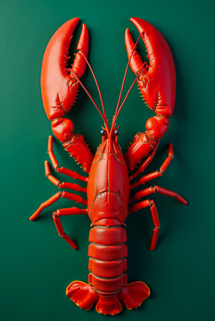 A striking red lobster rests on a vivid green backdrop, showing its elongated claws and textured shell, a true marine delicacy ready for culinary exploration.の素材