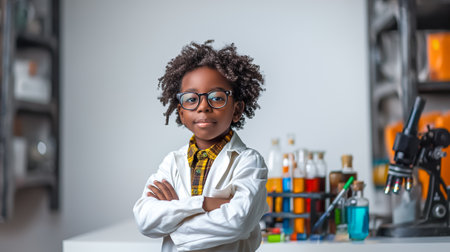 A spirited African boy in a lab coat stands confidently with arms crossed, showcasing his joy for science amidst vibrant beakers and lab tools in a bright laboratory.の素材