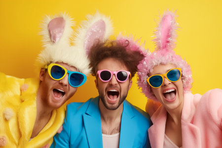 Four enthusiastic individuals, two men and two women, don lively costumes and oversized sunglasses, expressing excitement and creativity in a playful atmosphere.の素材