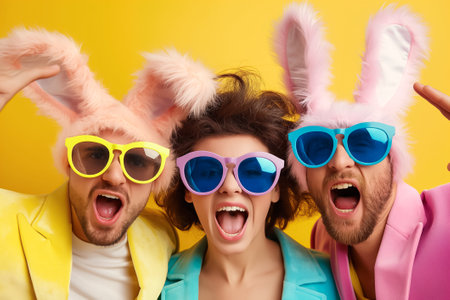 In a lively atmosphere, a creative team of two men and a woman showcases their playful spirit, donning oversized sunglasses and whimsical bunny hats while expressing joy and camaraderie.の素材