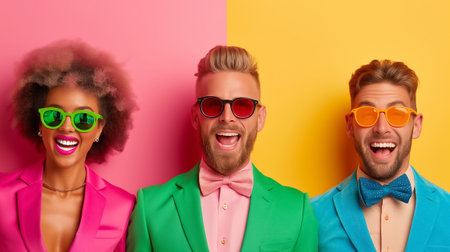 A dynamic team featuring two men and two women showcases their playful personalities, dressed in colorful suits while exuding enthusiasm in a lively setting.の素材