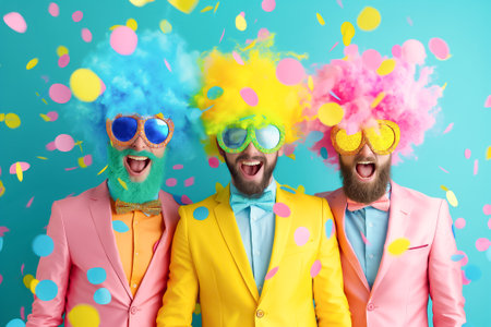 Four spirited individuals, two men and two women, dressed in brightly colored outfits, are joyfully collaborating, surrounded by vibrant confetti and playful energy.の素材
