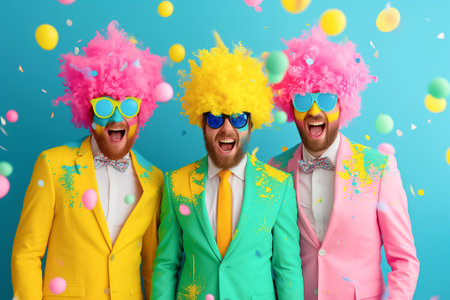Four dynamic individuals come together, dressed in colorful suits and sporting funky hairstyles, celebrating creativity with laughter and a splash of vibrant colors in a festive environment.の素材