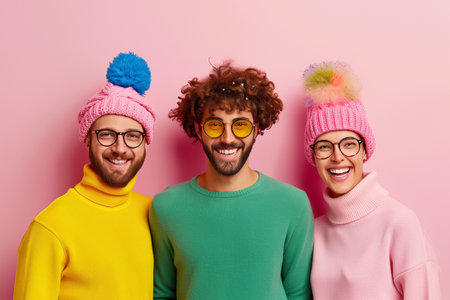 A dynamic quartet is beaming with enthusiasm, showcasing their unique fashion sense while brainstorming innovative ideas in a cheerful atmosphere.の素材