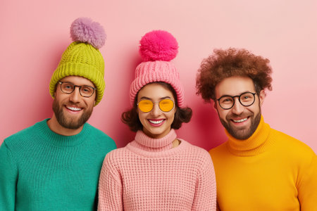 Four lively individuals express their creativity and camaraderie while sporting colorful winter hats and sweaters, radiating joy in a cheerful atmosphere.の素材
