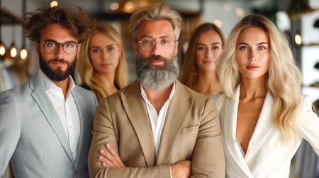 A group of five young professionals stands confidently in a modern office, blending creativity with expertise. They engage thoughtfully, ready to tackle new business challenges together.の素材