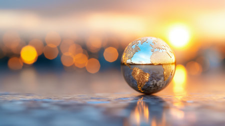 A metallic globe rests on a smooth surface, beautifully reflecting a colorful sunset while city lights glimmer in the background, symbolizing global unity and diversity.の素材