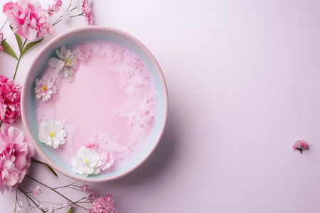 A shallow bowl filled with pink liquid showcases delicate flowers floating on the surface. Surrounding the bowl are soft, vibrant petals, creating a tranquil atmosphere.の素材