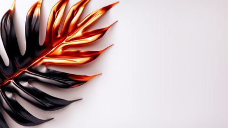 A striking tropical leaf showcases an innovative blend of metallic orange and deep black hues, creating a bold contrast against a white canvas, perfect for modern decor.の素材