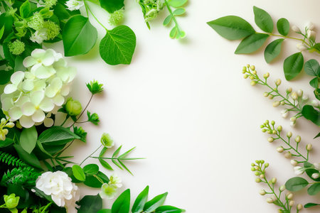 A stunning collection of various green leaves and elegant white flowers creates an inviting atmosphere, perfect for eco-friendly concepts and artistic designs.の素材