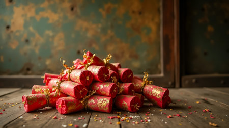 A vibrant display of traditional firecrackers lies on a rustic wooden surface, symbolizing prosperity and joy during the Lunar New Year celebrations, surrounded by festive remnants.の素材